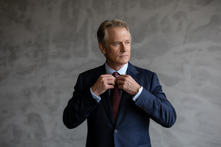 Portrait of a mature businessman in a suit adjusting his tie.の写真素材