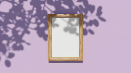 3d rendering of a wooden frame on a purple background with an overlay of plant shadowsの写真素材