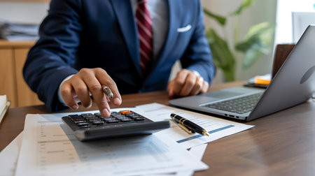 businessman working with finances about cost and calculator and laptop computer in modern officeの写真素材