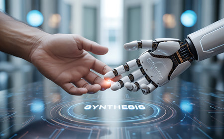 Cyborg hand pressing virtual button on touch screen interface 3D renderingの写真素材