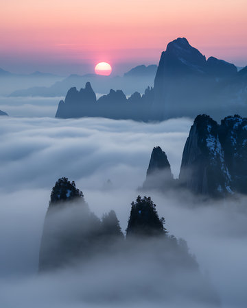 Sunrise in the misty morning at the huangshan national park, Chinaの写真素材