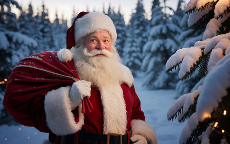 Santa Claus with a bag of gifts on the background of the winter forest.の写真素材
