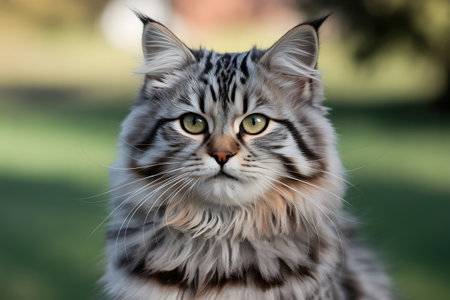 Portrait of siberian cat on green background, closeupの写真素材