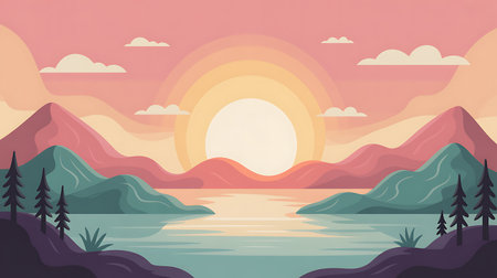Sunset landscape with mountains and lake. Vector illustration in flat styleの写真素材