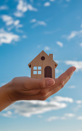 Real estate concept. Woman hand holding a wooden house over blue sky backgroundの写真素材