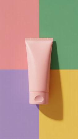 Top view of pink cosmetic tube on colorful background. Beauty concept.の写真素材