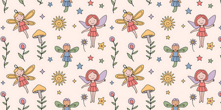 Seamless pattern with cute cartoon fairies. Vector background.の写真素材