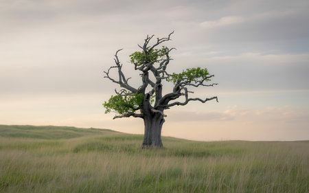 Lonely tree in the middle of the steppe at sunsetの写真素材