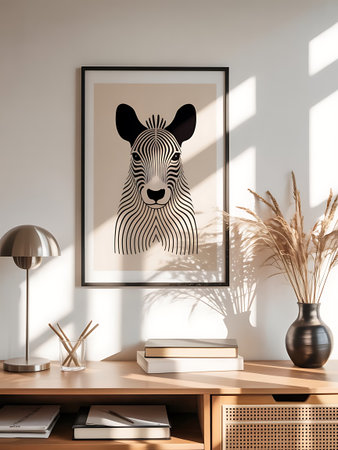 Mock up poster frame in living room interior, 3d renderの写真素材