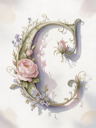 Vintage floral capital letter C with flowers and leaves in pastel colorsの写真素材