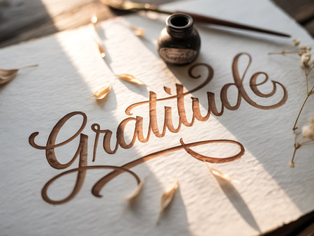 Grateful hand lettering with calligraphy pen and inkwellの写真素材