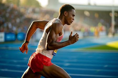 Image of african american male athlete running on track at stadiumの写真素材