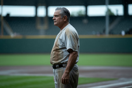 American baseball player standing in the stadium, looking at the camera.の写真素材
