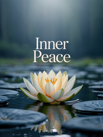 Lotus flower on the water with the word Inner Peaceの写真素材