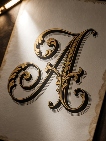 Vintage baroque letter A in gold on a white backgroundの写真素材