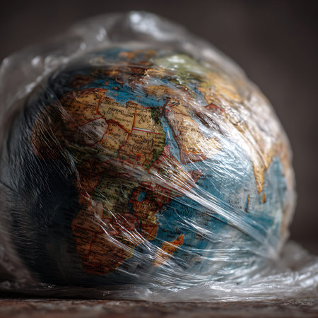 Globe in plastic bag. Global warming concept. Global warming.の写真素材