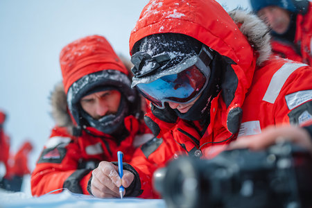 Group of snowboarders in red jackets and helmets sitting on ice and writing in notebook.の写真素材