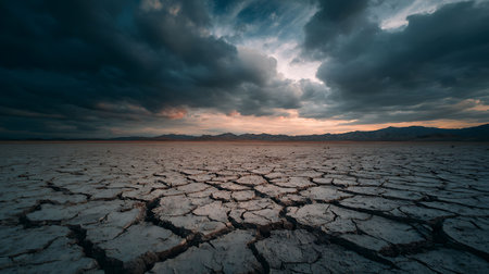 Dry lake with cracked mud and dramatic sky at sunset. Global warming conceptの写真素材