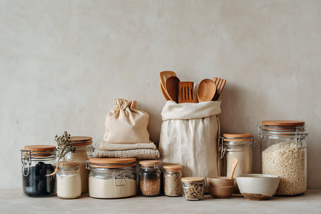 Zero waste concept. Eco friendly kitchen utensils, glass jars, wooden spoons, bowls and linen bags. Sustainable lifestyleの写真素材