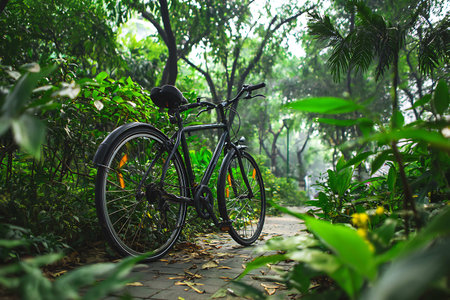 Bicycle parked in the park with green trees and grass in the backgroundの写真素材