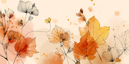 Autumn watercolor background with poppies and leaves. Vector illustration.の写真素材