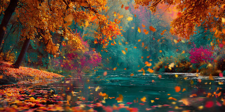 Autumn landscape with river and colorful leaves. Indian summer.の写真素材
