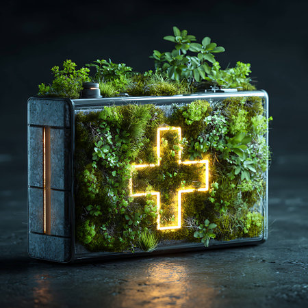Digital green medical symbol on old suitcase with moss. 3d renderingの写真素材