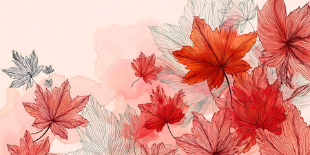 Autumn vector background with maple leaves and butterflies. Hand drawn illustration.の写真素材