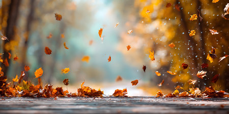 Autumn leaves on a wooden board in the park. Fall backgroundの写真素材