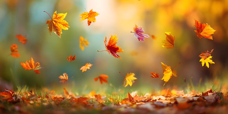 Autumn maple leaves flying in the air. Beautiful nature background.の写真素材