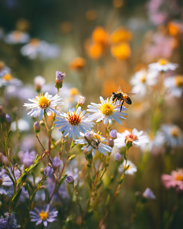 Bee on a daisy flower in the meadow at sunset.の写真素材