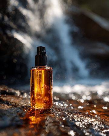 perfume bottle on rock with waterfall in background, close upの写真素材