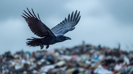 Hooded crow (Corvus corax) flying over garbage dump.の写真素材
