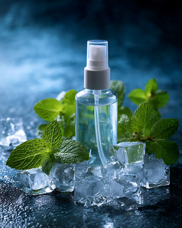 Essential oil in a bottle with mint leaves and ice cubes on blue backgroundの写真素材