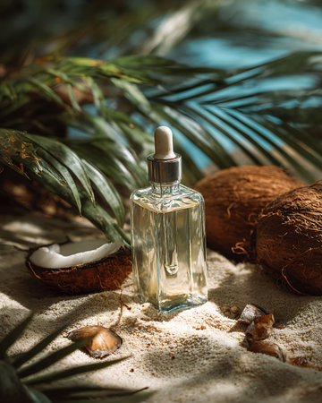 Coconut oil in a glass bottle on a background of palm leavesの写真素材