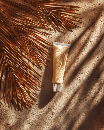 Sun protection cream on the sand with palm leaves. Sun protection.の写真素材