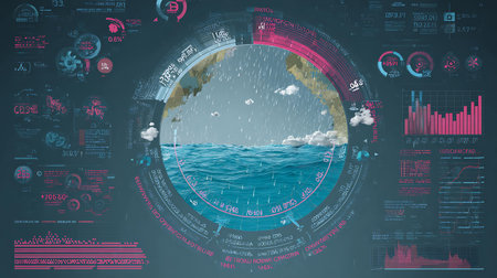 Conceptual image with globe and infographs on the blue backgroundの写真素材