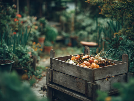 Wooden box full of fresh vegetables in the garden. Selective focus.の写真素材