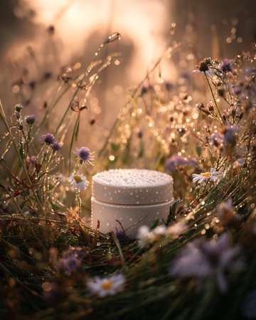 cosmetic cream in a jar on a background of grass and flowersの写真素材