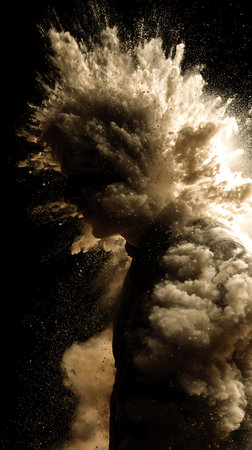 Explosion of yellow powder and smoke on a black background. Selective focus.の写真素材