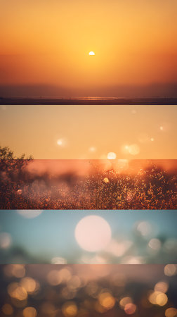 Set of sunset on the beach with bokeh effect. Collage.の写真素材