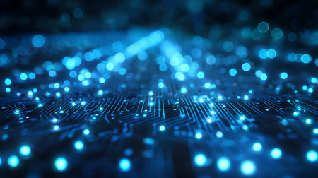 Circuit board with blue lights, 3d rendering. Computer digital drawing.の写真素材
