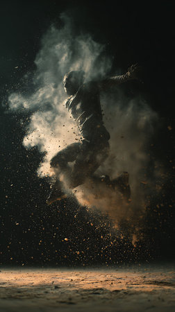 Young man jumping in the air with a cloud of dust on his headの写真素材