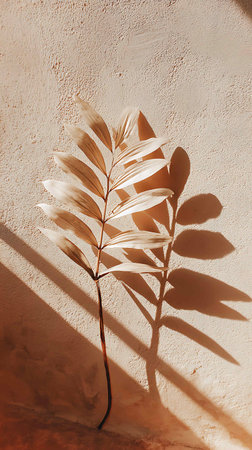 Tropical palm leaf with shadow on white wall. Minimal summer concept.の写真素材