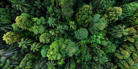 Top view of green tropical forest. Nature and environment concept background.の写真素材