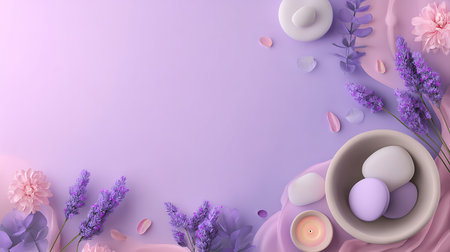 Spa and wellness background with lavender flowers, candles and stonesの写真素材