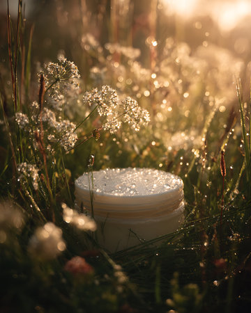 cosmetic cream in the grass with dew drops on the backgroundの写真素材