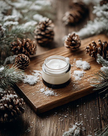 cosmetic cream in a jar on a wooden background with fir branchesの写真素材