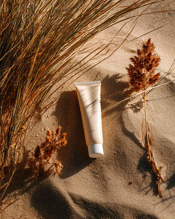 Sun protection cream bottle on the sand with dry grass. Sun protection conceptの写真素材