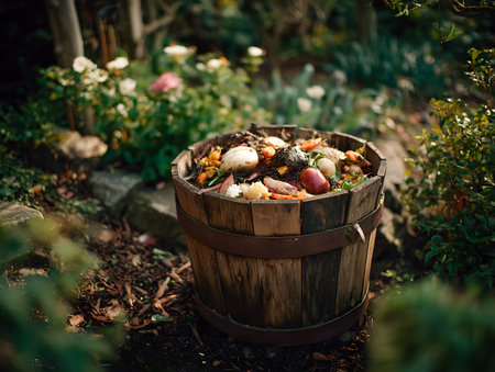 Wedding decoration in rustic style. Wooden barrel with fresh vegetablesの写真素材